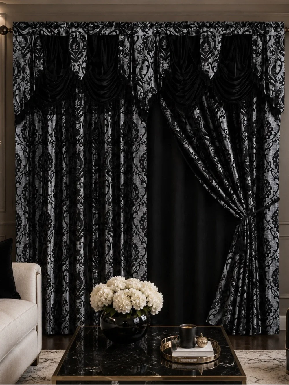 Elegant Black Damask Velvet Window Curtain Panel - Home Accents